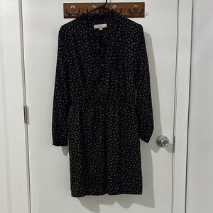 LOFT Black Long-Sleeve Ruffle-Neck Printed Dress